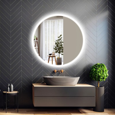 HBEZON Vanity Mirror with Lights, LED Wall Mount Bathroom Mirror, 3-Color Mode, Front/Backlit Lights, Dimmable, Anti-Fog, Round, Aluminum, Silver
