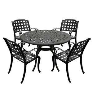 5pc Patio Dining Set - 48" Modern Outdoor Mesh Aluminum Round Table & Checker Chairs, UV & Weather-Resistant - Black - Oakland Living - 1 of 4