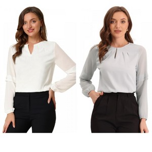 Allegra K Women's Chiffon Semi Sheer Keyhole Neck Elegant Work Blouse 2 Packs - 1 of 4