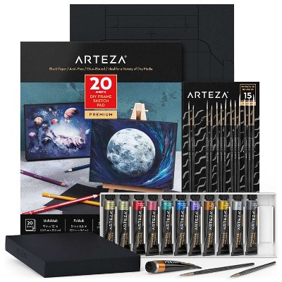 Arteza Gouache Painting Art Set Value Pack, 12 Metallic Gouache Paints and Foldable Black Canvas (ARTZ-3564)