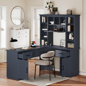 65" L-Shaped Wood Computer Desk with Hutch and Storage Shelves, Corner Workstation with Drawers and Cabinets for Home Office -3irtyhousy - 1 of 4