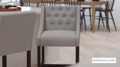 32" Light Gray Tufted Fabric Counter Stool with Walnut Wood Frame