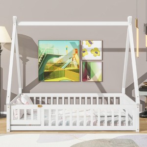NicBex Kids Montessori Bed with Guardrails,Floor Bed with Tent-shaped Design,Twin/Full Size Toddler bed for Bedroom,White/Brown/Gray/Off-White - 1 of 4