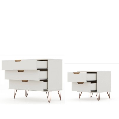 Off-White and Natural Wood Hairpin Leg Dresser and Nightstand Set