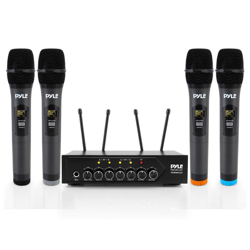 Pyle PDWM4120 Wireless Bluetooth PA Public Address Microphone System Set with Bluetooth Receiver Base and 4 Handheld Mics, 1 of 7