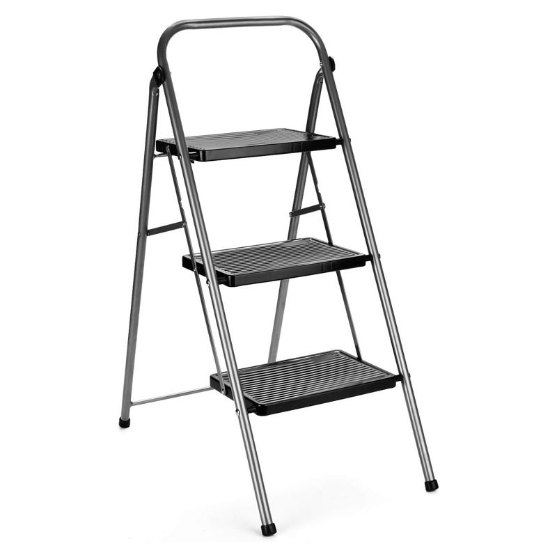 Delxo Portable Collapsible Lightweight Alloy Steel 3-Step Stool Stepladder with Wide Pedal, Hand Grip and Locking Mechanism, Gray, 1 of 10