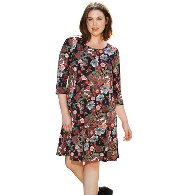 Ellos Women's Plus Size Madison 3/4 Sleeve Dress - 3x, Black Floral ...