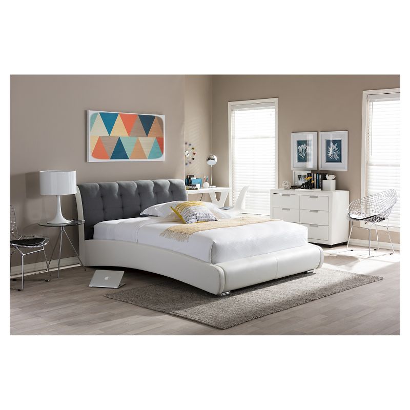 Guerin Contemporary Faux Leather and Fabric Two-Tone Upholstered Grid Tufted Platform Bed - White/Gray (Queen) - Baxton Studio, 3 of 4