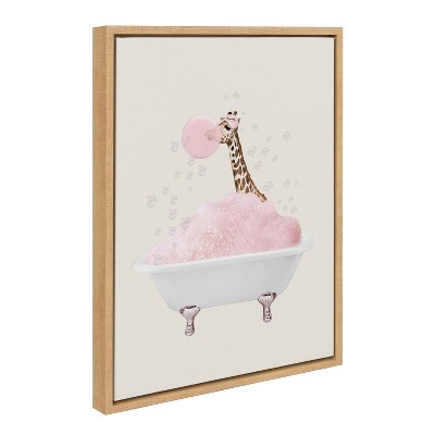 Natural Framed Canvas Print of Giraffe in Bath, 18" x 24"