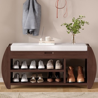 CENGHU Retro Multifunctional Storage Ottoman Bench, Entryway Bench with Cushion and Curved Side Panel, for Entryway and Living Room