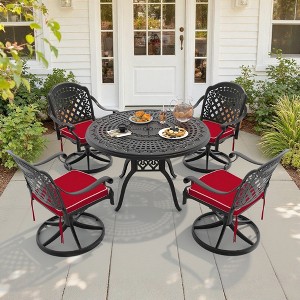 5-Piece Round Cast Aluminum Patio Set with Swivel Chairs,Red Cushions,and Umbrella Hole - 1 of 4