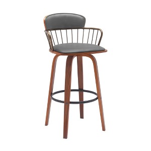 HomeRoots 30" Gray And Wood Brown Faux Leather Swivel Low Back Bar Height Bar Chair - 1 of 4