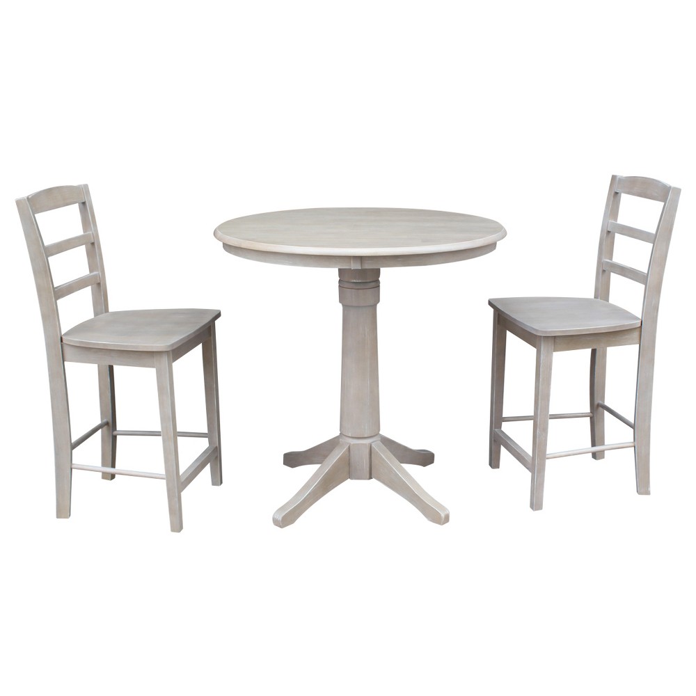 3pc Round Top Solid Wood Pedestal Counter Height Table and 2 Madrid Stools Washed Gray Taupe - International Concepts was $899.99 now $674.99 (25.0% off)