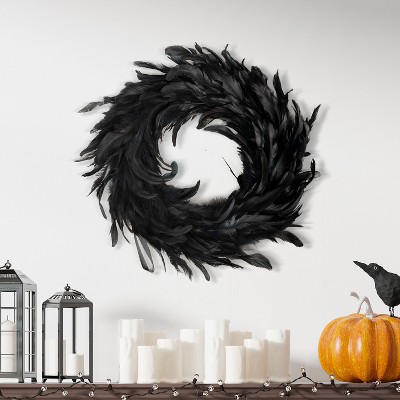 Joyfy Halloween Decorations 13.5in Black Feather Wreath for Trick or Treat,Porch Patio Window Indoor Outdoor Home Decor,Scary Scene Party Favors