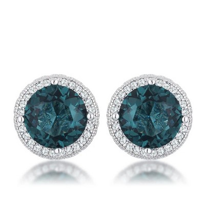 ShineHigh 5.84 Ct Rhodium Plated Halo Earrings – Sparkling Blue Green & Clear CZ Round Stud Design with Delicate Micro Pavé Accent