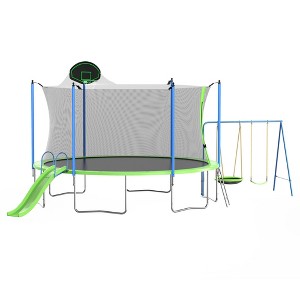NAYSAYE Trampoline 14FT with Slide and Swings for Outdoor Backyard Use with Basketball Hoop and Ladder, Green, 168.00"*121.20"*245.63" - 1 of 4