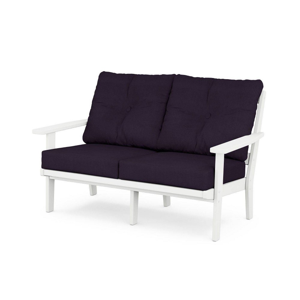 POLYWOOD Prairie Deep Seating Outdoor Patio Loveseat White/Navy Linen: All-Weather, Fade-Resistant