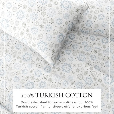 Twin White Cotton Flannel Sheet Set with Snowflakes Print