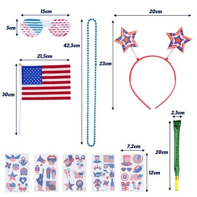WhizMax  65pc 4th of July party supplies including headbands, necklaces, blinds, flags, tattoo stickers.