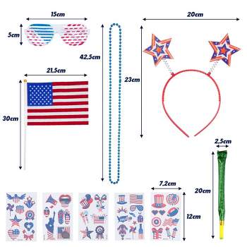 Trinity 65pc 4th of July party supplies including headbands, necklaces, blinds, flags, tattoo stickers.