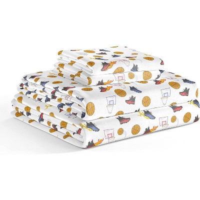 Kids Basketball Print Blue Microfiber Queen Sheet Set