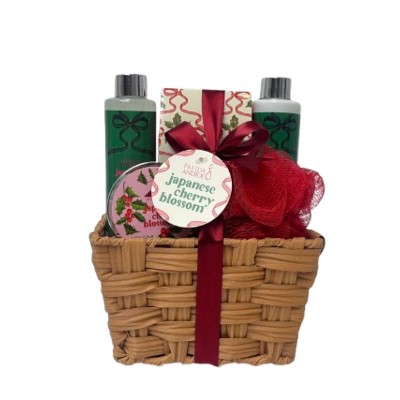 Japanese Cherry Blossom Spa Gift Basket, 6-Piece Bath & Body Set in a Wicker Basket