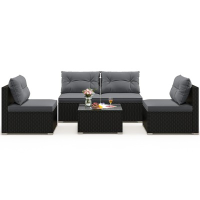 Tangkula Set Of 5 Rattan Sofa Set Outdoor Wicker Furniture Set w/Seat & Back Cushions Square Coffee Table Patio Sectional Sofa Set Gray