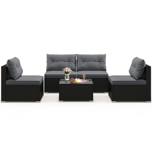 Tangkula Set Of 5 Rattan Sofa Set Outdoor Wicker Furniture Set w/Seat & Back Cushions Square Coffee Table Patio Sectional Sofa Set Gray - 1 of 4