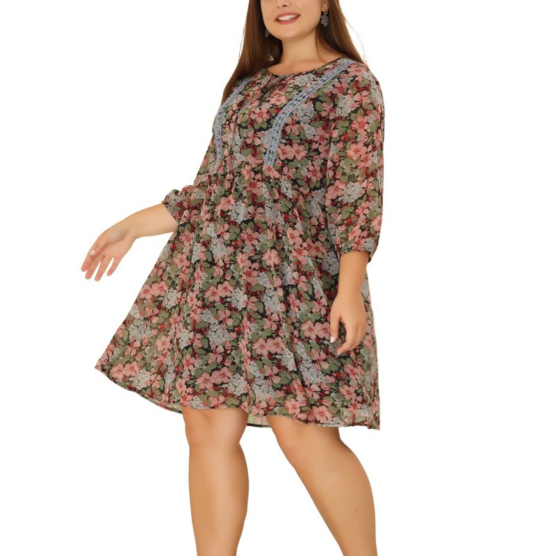 Agnes Orinda Women's Plus Size 3/4 Sleeves Babydoll Crew Neck Lace Floral Flare Retro Dress, 2 of 6