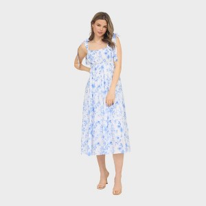 August Sky Women's Sleeveless Wide Mock Ties Ruched Floral Midi Dress - 1 of 4
