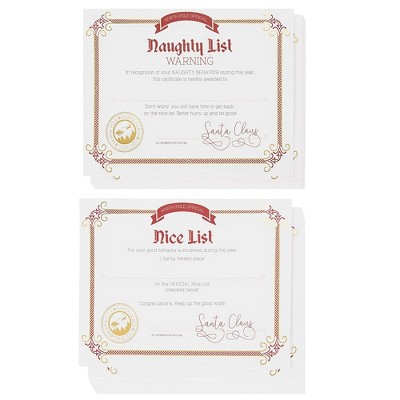 Nice and Naughty List Certificates - 48-Pack Christmas Certificate Paper from Santa Claus, Gold Foil Print Design, 180 GSM, 11x8.5"
