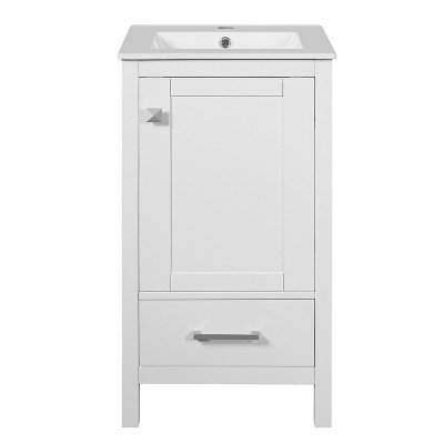 Vynxaria 18-Inch Bathroom Vanity - Ceramic Sink, Soft-Close Drawer/Door, Divider Drawer, Door Organizer, White