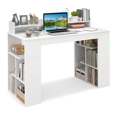 Tangkula 48” White Desk with Storage Office Computer Desk with 3 Tier Bookshelf & Monitor Shelf Study Writing Desk with Anti-Tipping Kit