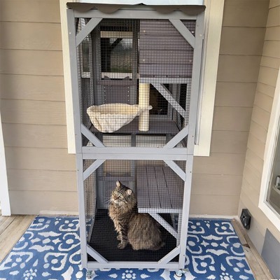 Medium Gray Wooden Outdoor Freestanding Cat House with Wheels