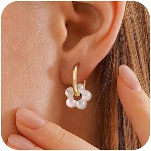 Gold Plated Pearl Drop Huggie Hoop Earrings - Flower Design, Hypoallergenic Dainty Wedding & Bridal Gift - 1 of 4
