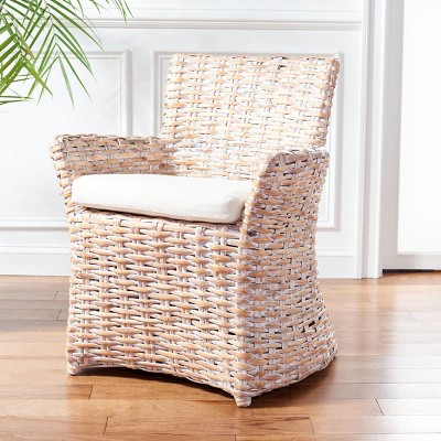 Modern Coastal Whitewash Rattan Armchair with White Cushion