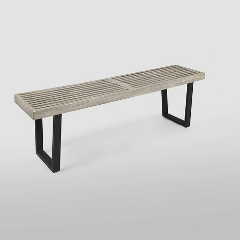 Fresno Acacia Wood Patio Dining Bench Light Gray Christopher