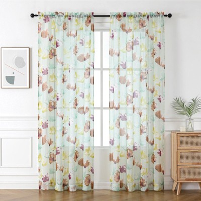 Set of 2 Anastasia Watercolor Lillies Floral Sheer Voile Rod Pocket Window Curtain Panels - Kate Aurora