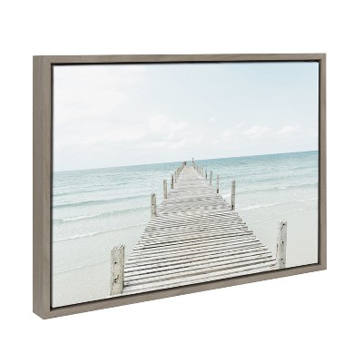 Tranquil Wooden Pier on Beach Framed Canvas Art, 18x24, Gray