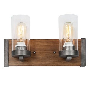 LNC Lapps 14-in 2-Lights Brown Wood Grain and Brushed Gray  Farmhouse Vanity  Lights - 1 of 4