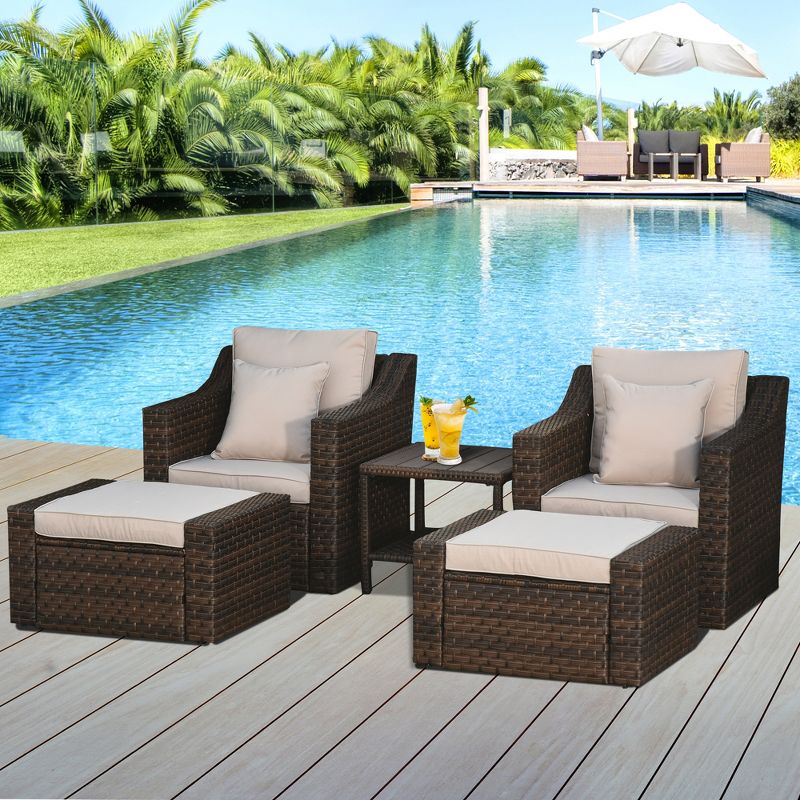 Outsunny 5 Piece Patio Furniture Set, All Weather PE Rattan Conversation Chair & Ottoman Set w/ Table, Cushions & Pillows Included, 3 of 9