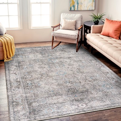 Olive and Gray Vintage Distressed Machine Washable Area Rug 5' x 7'