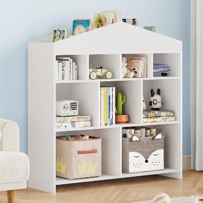 Garvee Toy Storage Organizer 9-Cubby Kids Bookshelf,Toddlers Playhouse Cabinet Shelf for Boys Girls Wooden Cubby Storage Toy Shelf for Playroom,White