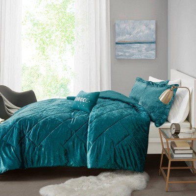Teal Crushed Velvet Quilted Full/Queen Duvet Set