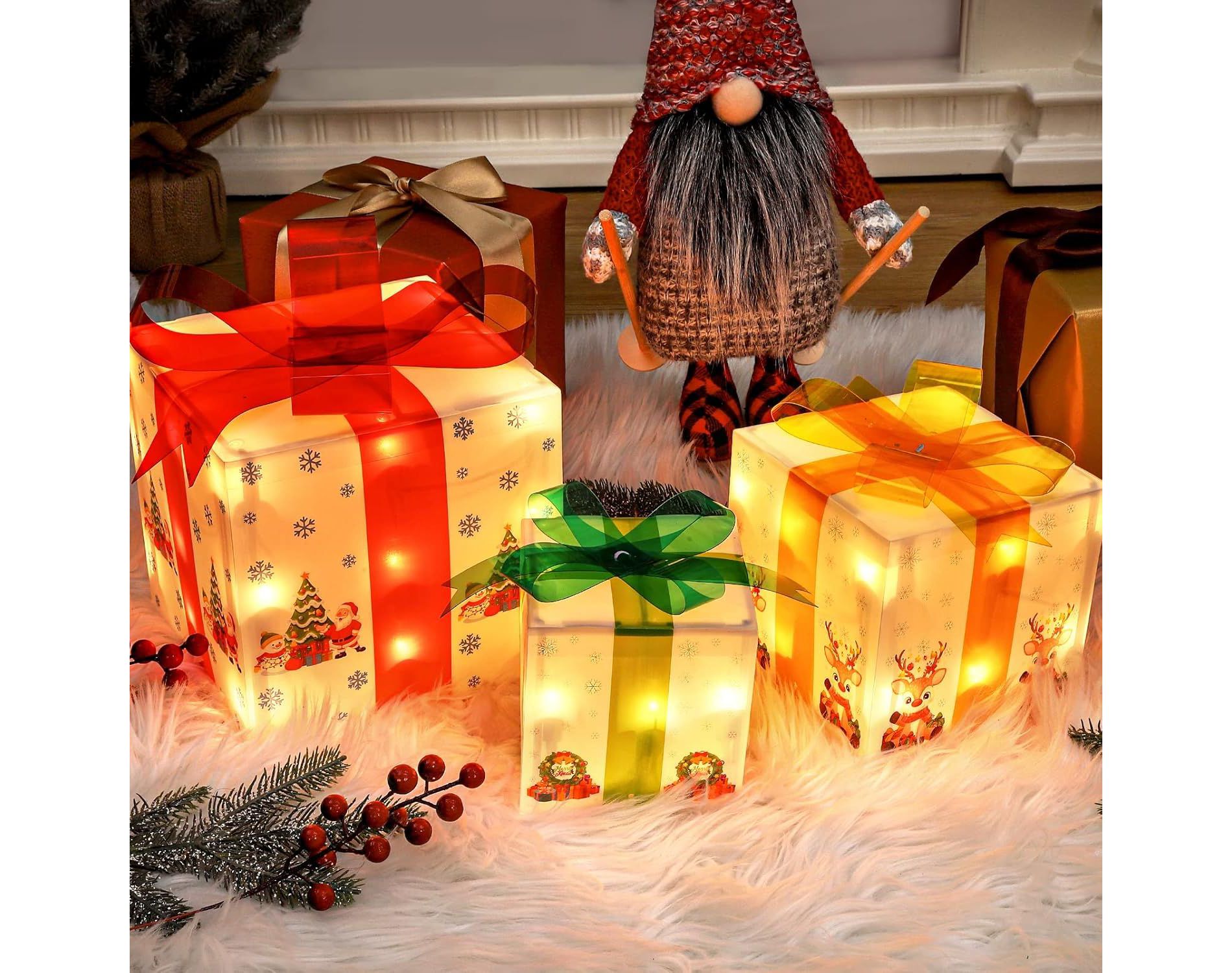 Christmas Decorative Light Set (3 Matte Gift Boxes + 50 LED String Lights), Cartoon Printed, Waterproof Design, Holiday Ambience Decoration