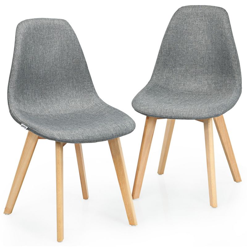 Costway Set of 2 Dining Chair Fabric Cushion Seat Modern Mid Century W/Wood Legs Grey, 1 of 10