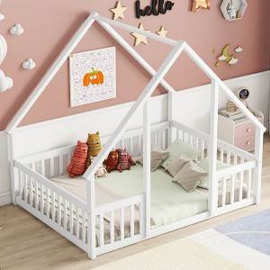 Okak Twin/Full Size House-Style Bed Frame with Fence Guardrails,Modern Floor Bed for Toddlers/Kids Bedroom - 1 of 4