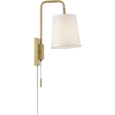 Luca Warm Brass 18" Swing Arm Plug-In Wall Lamp with White Shade