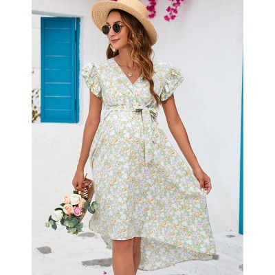 YesFashion Women's Maternity V Neck Ruffle Short Sleeve Wrap Dress Casual Flowy Nursing Breastfeeding Midi Dress with Belted