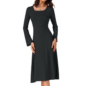INSPIRE CHIC Women's Knit Midi A-Line Drawstring Back Square Neck Long Sleeve Dresses - 1 of 4